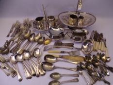 MIXED LOOSE EPNS CUTLERY, swing handle breadbasket and other plated ware, a quantity