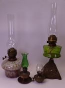 VINTAGE OIL LAMPS (4) including a mottled glass font example, another with green glass font on a