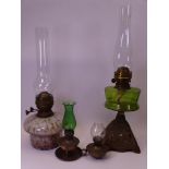 VINTAGE OIL LAMPS (4) including a mottled glass font example, another with green glass font on a