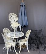 MIXED METAL GARDEN FURNITURE ENSEMBLE to include a circular top tripod table, 67cms H, 69cms