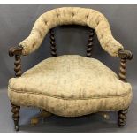 VICTORIAN ROSEWOOD PARLOUR CHAIR with barley twist supports and button upholstered top rail, 66cms