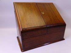 VICTORIAN MAHOGANY DESKTOP STATIONERY BOX having twin slope fronted doors opening to reveal a fitted