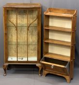 VINTAGE SINGLE DOOR CHINA DISPLAY CABINET and a pegged oak open bookcase with lower magazine drawer,