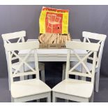 IKEA WHITE PAINTED DRAWLEAF DINING TABLE & FOUR CHAIRS along with a kit form Windsor style armchair,