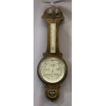 VINTAGE CARVED OAK BAROMETER WITH THERMOMETER, 33cms H, 26cms W