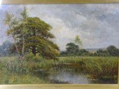 A WATTS (possibly Alice) oil on canvas under glass - peaceful river scene with sheep grazing,