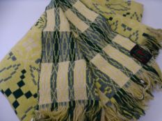 TRADITIONAL WELSH WOOLLEN BLANKET WITH 'Derw Product' label, yellow and green tones with