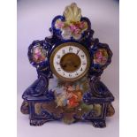 VICTORIAN DECORATIVE POTTERY MANTEL CLOCK in Cobalt Blue with a lower panel depicting maidens