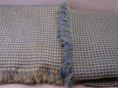TWO VINTAGE BLUE & WHITE WAFFLE BED BLANKETS, 226 x 154cms and 220 x 116cms