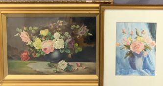 INDISTINCTLY SIGNED oil on canvas - still life of Roses, 29 x 44cms and WATERCOLOUR STUDY of