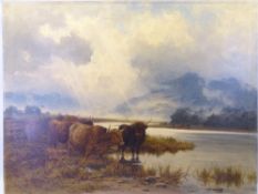 ALFRED GREY R.H.A oil on canvas - dramatic highland lakeside scene with cattle watering, unframed,