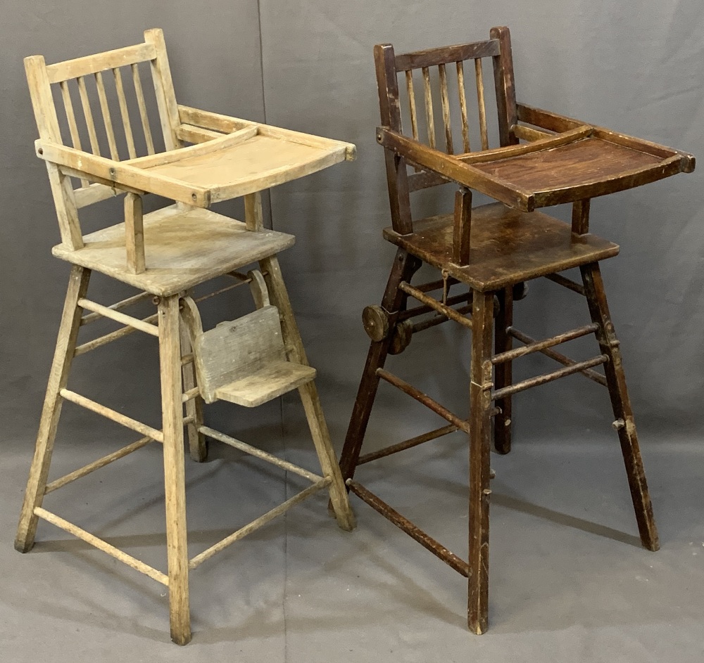 TWO CHILD'S VINTAGE HIGHCHAIRS including a metamorphic example with wheels, 101cms H, 37cms W, 47cms