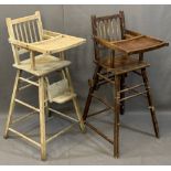 TWO CHILD'S VINTAGE HIGHCHAIRS including a metamorphic example with wheels, 101cms H, 37cms W, 47cms