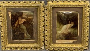 CHRYSTOLEUMS; a Victorian pair featuring young girls/fairies in gilt frames, 24 x 20cms overall