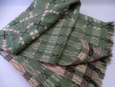 VINTAGE WELSH WOOLLEN BLANKET in green and pink reversible traditional pattern, 232 x 205cms