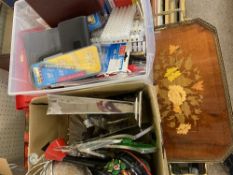 MIXED COLLECTABLES, 2 BOXES including EPNS ware, inlaid two-handled tray, crafting goods and other