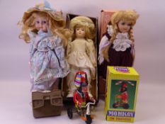 TOYS - View master by Sawyers, tinplate boxed monkey on a tricycle, porcelain headed dolls ETC