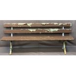 VINTAGE WOODEN GARDEN BENCH on decorative cast iron supports, 73cms H, 183cms L, 42cms overall D