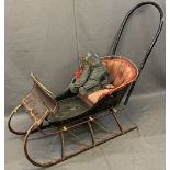 CIRCA 1900 CHILD'S DOG PULL SLEIGH/SLEDGE and a pair of ice skates, the sledge with painted detail