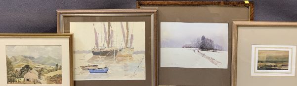 DAVID HUTTER watercolour - Snow covered landscape, 15 x 22cms and an unsigned watercolour - boats in