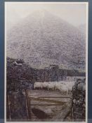 KEITH BOWEN limited edition print 225/450 - sheep huddled below slate pile, 62 x 43cms