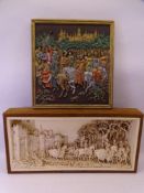 MARCUS DESIGNS WALL PLAQUES (2) depicting Medieval scenes, one being in colour with gilt