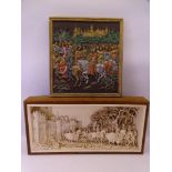 MARCUS DESIGNS WALL PLAQUES (2) depicting Medieval scenes, one being in colour with gilt