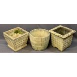 THREE RECONSTITUTED STONE GARDEN PLANTERS including a barrel effect example, 32cms H, 43cms