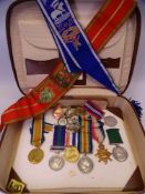 WWI & OTHER MIXED MEDALS, Military and other badges and two Ancient Order neck sashes to include a