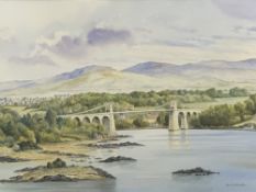 MAX A S HAMBLEN watercolour, fine depiction of - The Menai Suspension Bridge with surrounding area