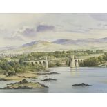 MAX A S HAMBLEN watercolour, fine depiction of - The Menai Suspension Bridge with surrounding area