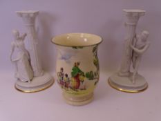 FRANKLIN MINT ROMEO & JULIET CANDLESTICKS, A PAIR and a Doulton Series ware vase Old English Scenes,