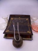 VICTORIAN BRASS BANDED WRITING SLOPE, vintage oil lamp and a selection of glassware