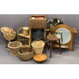 WICKER BASKETS, vintage wall mirrors and a circular top three legged stool, the tallest basket