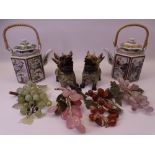 MODERN JAPANESE PORCELAIN TEA KETTLES, carved stone bunches of grapes and two carved Soapstone