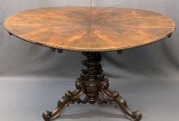 HIGH VICTORIAN ROSEWOOD BREAKFAST TABLE, the 128cms diameter top with highly figured segmented