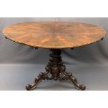 HIGH VICTORIAN ROSEWOOD BREAKFAST TABLE, the 128cms diameter top with highly figured segmented