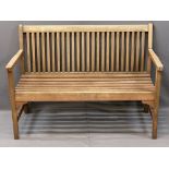 TEAK SLATTED GARDEN BENCH, 85.5cms H, 121.5cms W, 45.5cms seat D