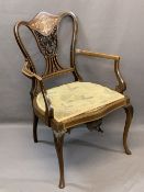 CIRCA 1900 INLAID ROSEWOOD PARLOUR ARMCHAIR having fruit and leaf inlay over an open carved