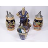 GERMAN STEINS, A PAIR, 20cms tall, Shiwan figure 27.5cms tall and an interesting Art glass bowl