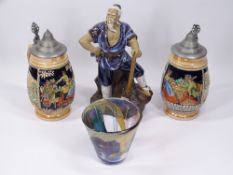 GERMAN STEINS, A PAIR, 20cms tall, Shiwan figure 27.5cms tall and an interesting Art glass bowl