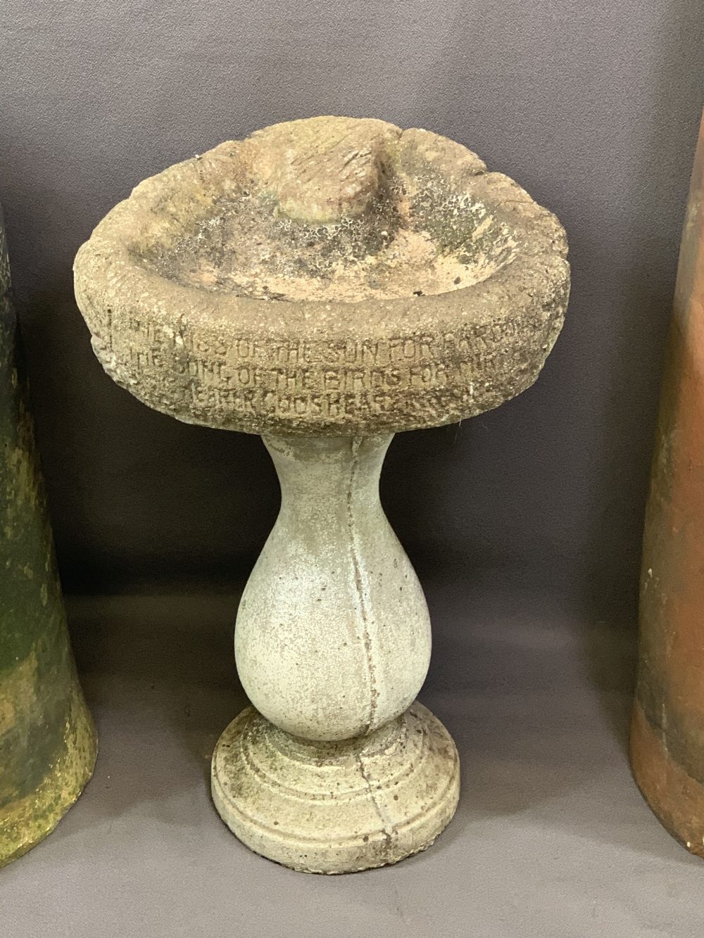 VINTAGE CYLINDRICAL CHIMNEY POTS (2) and a reconstituted stone bird bath with incised verse to the - Image 2 of 2