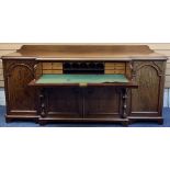 GOOD VICTORIAN MAHOGANY SECRETAIRE BREAKFRONT SIDEBOARD with shaped back rail over a moulded edge