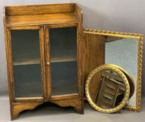 VINTAGE OAK BOOKCASE & TWO GILT FRAMED WALL MIRRORS, the shelf top bookcase with twin lower glazed
