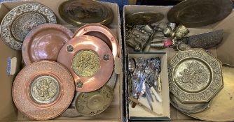 BRASS CHARGERS, TRAYS, ORNAMENTAL ITEMS and a small parcel of cutlery and similar items