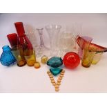 RUBY RED & OTHER COLOURFUL GLASSWARE, large bubble glass paperweight ETC