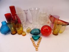 RUBY RED & OTHER COLOURFUL GLASSWARE, large bubble glass paperweight ETC