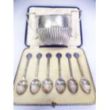 CASED SET OF SIX CORONATION SPOONS and a ribbed two-handled sugar bowl, the spoons commemorating