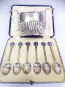 CASED SET OF SIX CORONATION SPOONS and a ribbed two-handled sugar bowl, the spoons commemorating