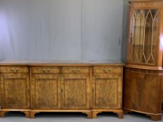 REPRODUCTION BURR WALNUT BREAKFRONT SIDEBOARD and a glass top corner display cabinet, unbranded